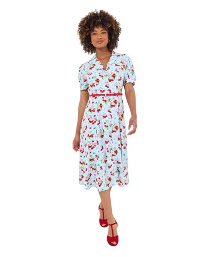 Joe Browns Women's Vintage Cherry Print Collared Belted Midi Dress, Regular Fit, Blue, UK 16