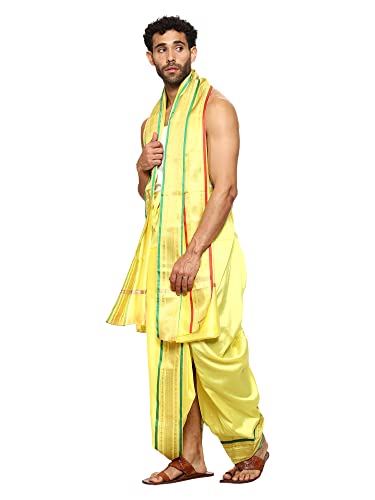 Image of Rameshwaram Fabrics Readymade Dhoti for Men, Velcro Style Stitched Mens Silk Dhoti Pant with Stole Set