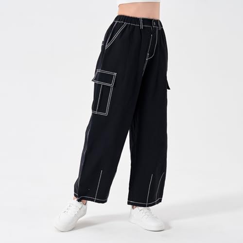 Image of Rolanko Girls Cargo Pants Wide Leg Streetwear Kids Pants with Pockets Trendy Jogger Trousers 4-14 Years