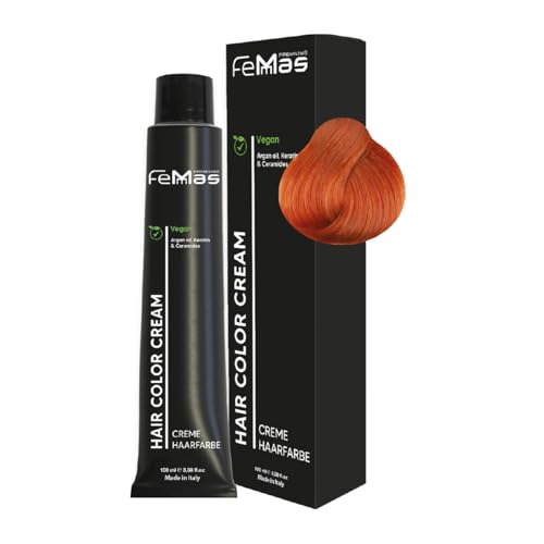 FemMas Tinte de pelo rubio medio cobre intenso 7,44 I crema tinte para el cabello con aceite de argán, queratina y ceramidas, coloración permanente del cabello o tinte para resultados de color