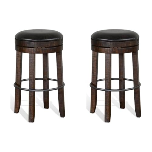 Butaco giratorio sin respaldo de madera Pemberly Row de 30", acabado hoja de tabaco, asiento acolchado, mecanismo giratorio resistente, travesaño metálico, estilo industrial, juego de 2 para cocina o bar en el hogar miniatura 1