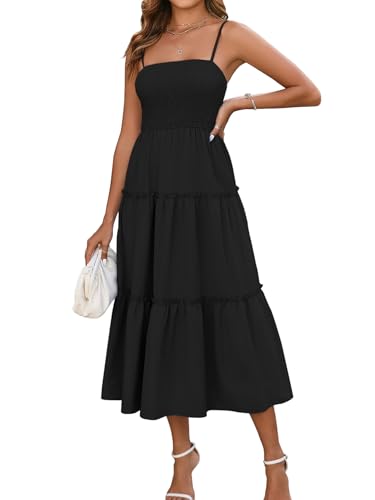 Image of EYNMIN Women's Summer Midi Dress Casual Boho Beach Sundress Spaghetti Strap Sleeveless Smocked Flowy A-Line Dresses