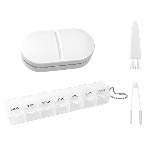 2 Piezas Viaje Organizador Pastillas, Pastillero V Grip con Cepillo Pinza, 7 Dias Dispensador Comprimidos, Práctico Corta Pastillas 2 en 1, Pastillero con Cuchilla para Ancianos Niños