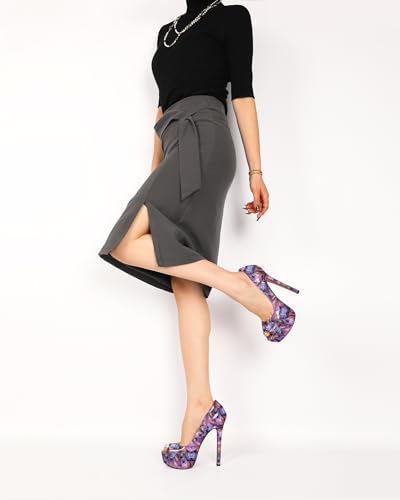 YODEKS Women's Peep Toe Platform Stiletto High Heel Pumps Thin Heel Dance Party Dress Shoes Patent Floral Purple 5 M US Size4