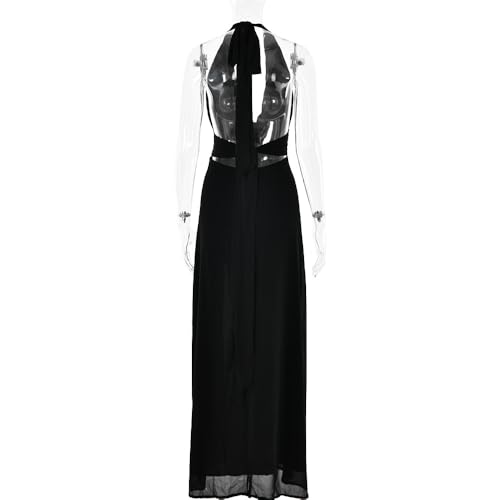 Image of ANKOMINA Women's Sexy V Neck Halter Backless Maxi Dress Ruched High Split Long Bodycon Dresses for Party Cocktail Evening
