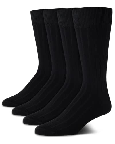 Calvin Klein Men's Dress Socks - 4 Pack Soft Cotton Blend Patterned Crew Socks for Men - Casual Mens Long Work Socks (7-12), Size 7-12, Black Solid