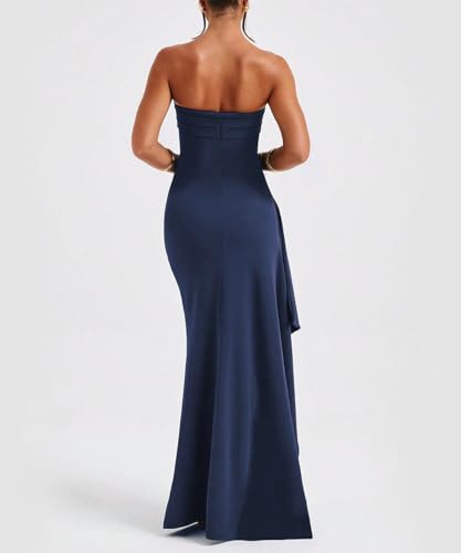 Image of SKAYS Women's Strapless Maxi Dress Elegant Tube Top Formal Ruched Bodycon Wedding Guest Cocktail Summer Dress with Slit