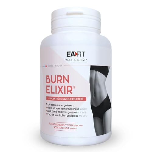 EAFIT MINCEUR - Burn Elixir - Bruleur de graisse puissant - Oxydation des Graisses - Cafeine - Piment - Poivre noir - Chrome - Choline - Thé vert - Adapté au sport - Marque Française - Végétarien - 90 Gélules
