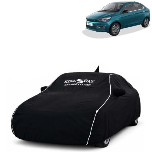 Image of KINGSWAY Super Waterproof Car Cover Only with Tata Tigor EV (Year 2019 Onwards - All Model) | Mirror and Antenna Pockets | All Weather Car Body Cover with Silver Piping | Black