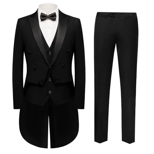 Mens Suits 3 Piece Swallow Tailcoat Slim Fit Double Breasted Tailed Coat for Performance Wedding Proms, Black, 2XL