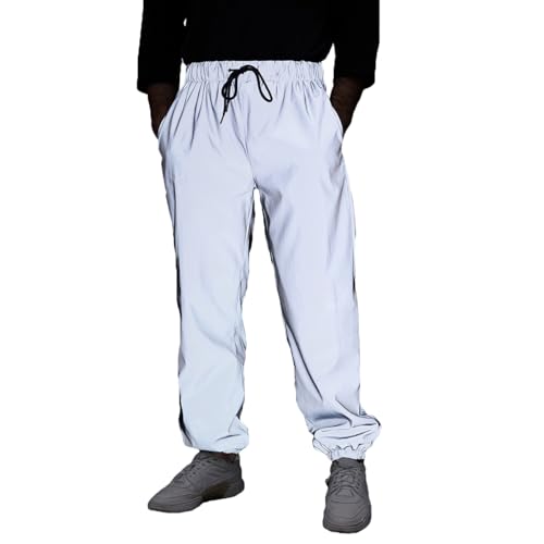 Reflective Athletic Jogger Pants, Elastic Waist with Drawstring,