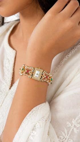 Image of Traditional Kundan Meenakari Bracelet Watch for Women | Ethnic Jewellery Analog Watch | Gold Plated Chain Designer Watch for Girls & Women