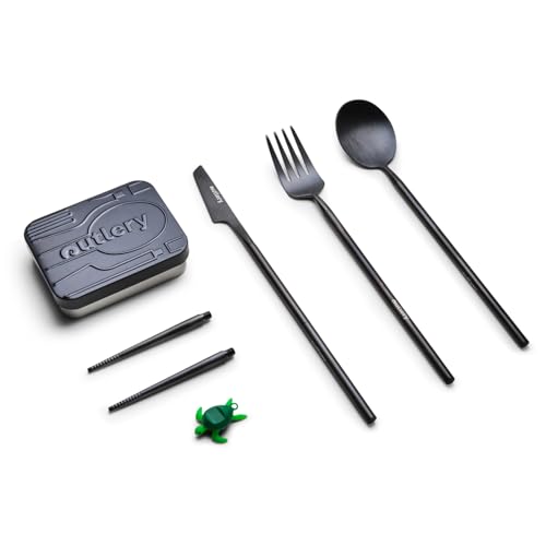 Outlery Full Set | Portable & Reusable Stainless Steel Travel Cutlery Set and Reusable Chopsticks with Case for Camping, Picnic, Office and On-The-Go (Pocket Sized Flatware Set) (Black)
