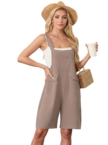 HiMONE Womens Summer Shorts Jumpsuits For Women Adjustable Loose Romper With Pockets (Light Khaki-S)