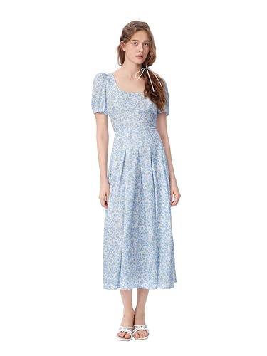 CIDER Floral Midi Dress Women's Summer Square Neck Puff Sleeve Slit Dresses2