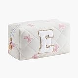 Gleyemor Personalized Initial Makeup Bag for Women, Cute Quilted Pink Floral Cotton Cosmetic Bag, Christmas Gifts for Her Mom Friend Sister Bridesmaid Teacher Women E