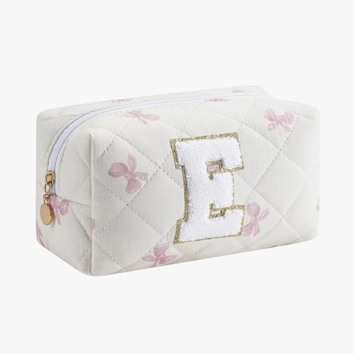 Gleyemor Personalized Initial Makeup Bag for Women, Cute Quilted Pink Floral Cotton Cosmetic Bag, Christmas Gifts for Her Mom Friend Sister Bridesmaid Teacher Women E