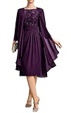 Teplpce Tea Length Chiffon Mother of The Bride Dresses Two Piece Long Sleeve Lace Formal Wedding Guest Dress with Jacket Elegant Plum Plus Size US16W