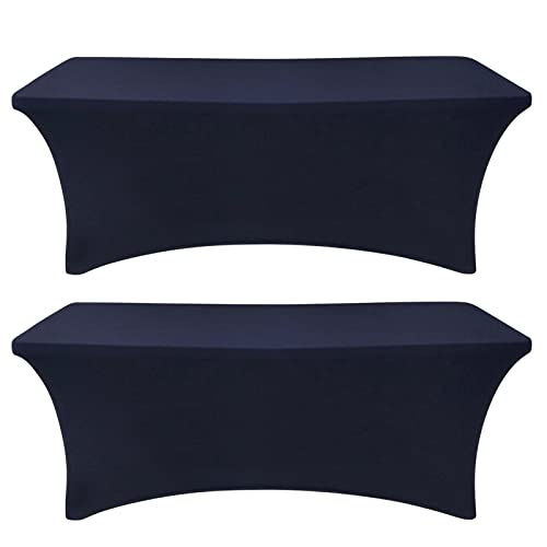 Image of SEPARO 2 Pack 6 Ft Navy Blue Table Cover Fitted Rectangular Tablecloth Stretchable Fabric Table Cloth 6 ft Wrinkle-Free for Party Tradeshows Banquet Weddings Cocktail