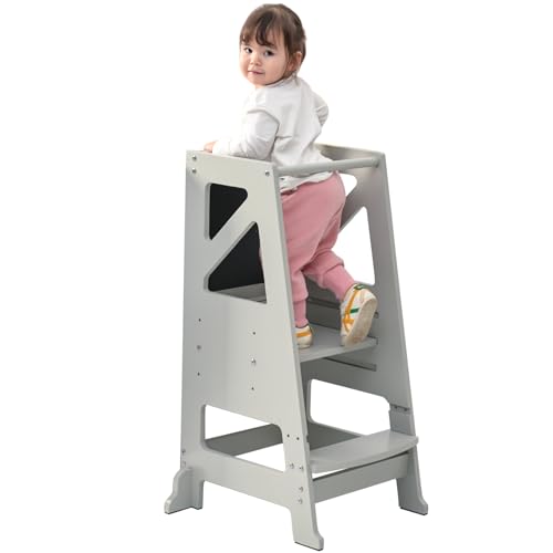 Kids Kitchen Step Stool Toddler Standing Tower Toddler Tower with Message Boards Safty Rail-Adjustable Kids Kitchen Stool Toddler Step Stool for Kitchen Counter Bathroom Sink (Grey)