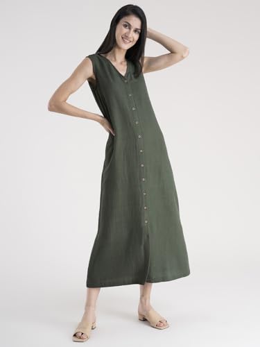 Image of FableStreet Women Casual Midi Cotton Button Down A-Line Dress | Button Down Flowly Dress Perfect for Outings