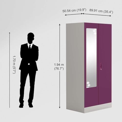 Image of Interio by Godrej Almirah Slimline 2-Door Steel Almirah, Cupboard for Clothes (Purple), 1-Year Warranty, 4 Shelves, 1 Drawer, 1 Locker, Star Design Mirror