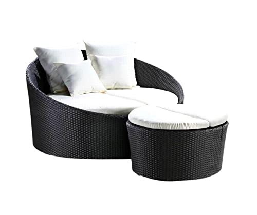 Image of DEVOKO Outdoor Pool Side, Garden, Balcony, Porch, Backyard, Terrace, Patio, Beach Round Sofa Wicker and Rattan Daybed with Table Furniture Set (Black & Offwhite)