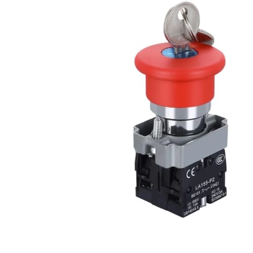 CZKE 1pcs 220V 12V 24V Red Mushroom Cap Emergency Stop Button 22mm 16mm Push Button Switch Momentary Latching 690V10A Switch on Off Switch(BS144 with Key 2NC)