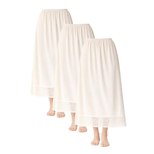 3- Pieces Full Length Soft inner Skirt Silk 100% with Elasticised Waistband Big Lace Women