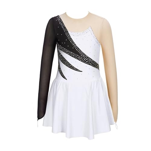 LUYSGBXR Maillot NiñA Vestido de manga larga con diamantes de imitación for patinaje artístico for niñas, vestido de retazos for ballet, gimnasia, baile, ropa de actuación for niños(White C,14)
