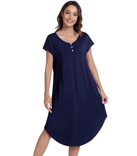 Image of NACHILA Bamboo Viscose Nightgown for Women Short Sleeve Crew Neck Sleepwear