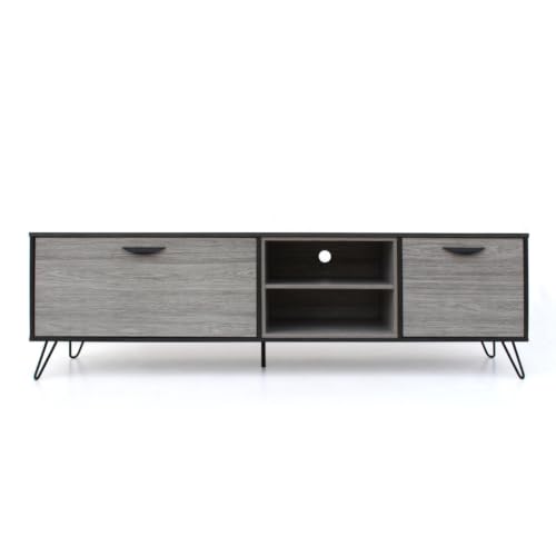 Image of Flux Engineered Wood TV Cabinet & Entertainment Unit | Modern TV Stand with 2 Storage Cabinets & Open Media Shelves | Media Console for Living Room | Hairpin Legs | Grey & Charcoal Finish