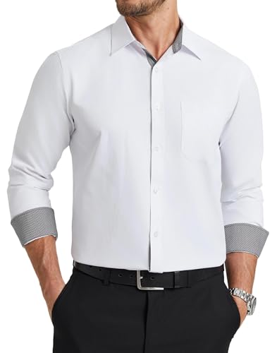 Enlision Camisa Hombre Manga Larga Blanca Moderna y Elegante Estilo Versátil Casual y Formal Color Liso Camisas con Detalles en Contraste 3XL