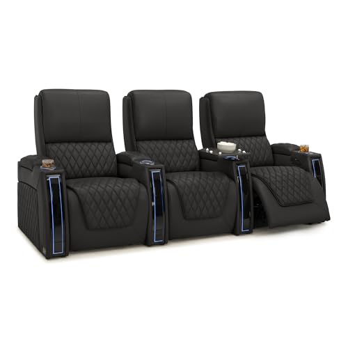Image of Seatcraft Apex Black Italian Leather Home Theater Seating, Zero Gravity Power Recliner, Powered Headrest and Lumbar Gaming and Home Office Chair, Lounge Sofa Furniture for Cinema Room, Row of 3