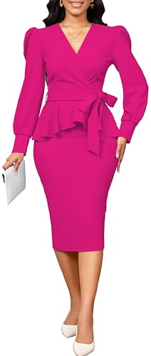 Image of Dresses for Women Elegant Long Sleeves Ruffles Pencil Knee Length Split Business Dress with Belt Zipper