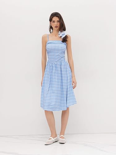 CIDER Women's Summer Gingham Midi Dress Sleeveless Ruched Plaid Dress Spaghetti Strap Dresses Casual Trendy4