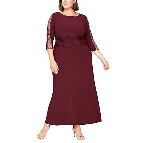 Image of S.L. Fashions Womens Long Length Ruched Waist Formal Mother of The Dress with Beaded Illusion 3 /4 Sleeves (Plus Size)