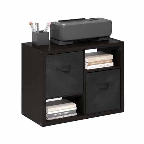 Image of Furinno Viola 2-Tier Storage Shelf, Printer Stand, Dark Oak | 2 Drawer Bins, 1.2-inch Extra Thick Frame Bookshelf, Reversible Display Rack, for Organization, Living Room, Home Office