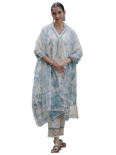 Image of INDO ERA Women's Silk Blend Kurta and Pant with Dupatta Set