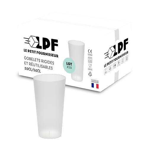 LPF LE PETIT FOURNISSEUR - Lot de 50 Gobelets réutilisables 50cl (56cl à ras-bord) - Polypropylène plastique alimentaire rigide - Gobelets à eau, bière - Compatible...