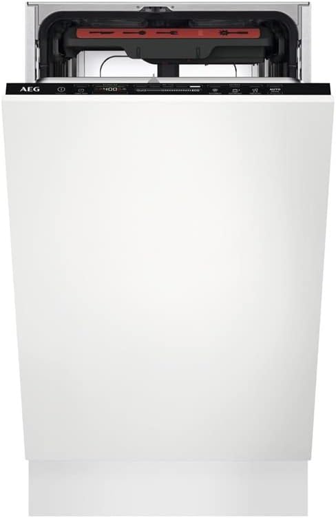 AEG FSE73527P Integrated Dishwasher with door slightly ajar, showing the control panel and upper rack.