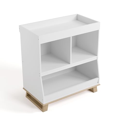Image of Storkcraft Modern Nursery Changing Table Dresser (White with Driftwood) - GREENGUARD Gold Certified, Baby Dresser with Changing Table Top