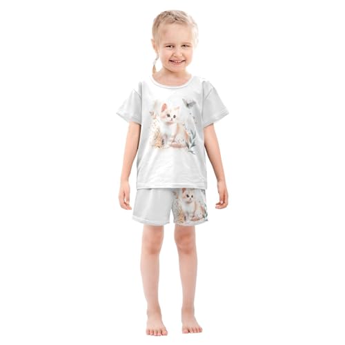 Cat Butterfly Florals Beige Pajama Set Short Sleeve PJ Set Cotton Summer Pajamas Sleepwear Soft 5Y3