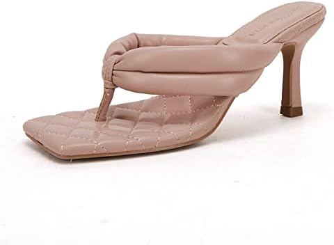 Rilista Women's Thong Heels Sandals Quilted Slip On Mules Square Open Toe Kitten Heeled Flip Flops Comfortable Sexy Sandals