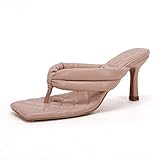 Rilista Women's Thong Heels Sandals Quilted Slip On Mules Square Open Toe Kitten Heeled Flip Flops C