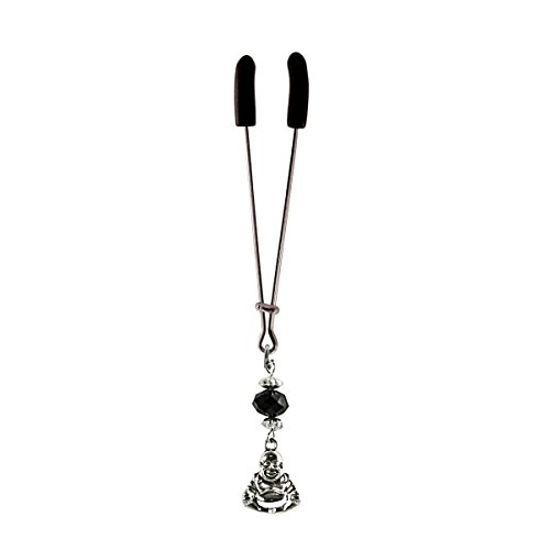 Buddha Charm on Chrome Tweezer Style Clit Clamp with Black Faceted Bead Includes Organza Gift Storage Bag