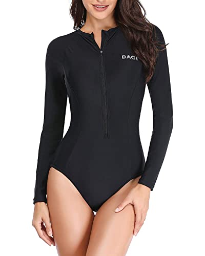 Daci Women Black-1 Rash Guard Long Sleeve One Piece Swimsuit Zipper Surfing Bathing Suit Upf 50 S #TOP18