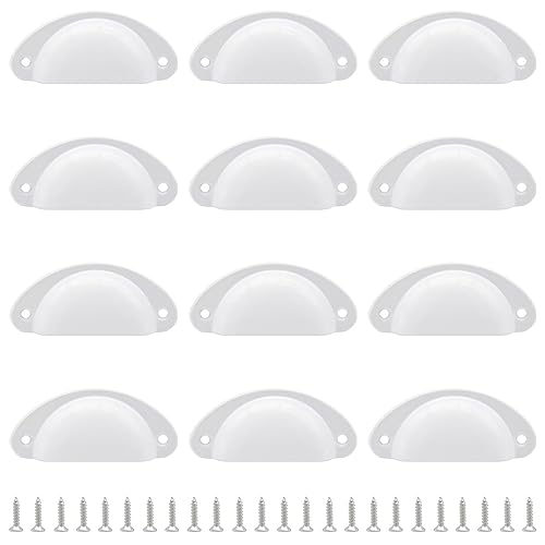 Hocansen 12 tiradores de metal de 81 mm con forma de concha blanca, mango semicircular con tornillos para armario, armario y cajón (blanco/LS-BK)