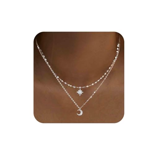 Boho Layered Crystal Star Moon Choker Necklace Silver Cz Crescent Moon Pendant Necklaces Rhinestone Northstar Necklaces Rhinestone Star Necklace Chain Jewelry for Women(Style A)