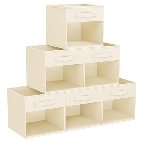 DIMJ Cube Storage Bin, 6 Packs Collapsible Storage Bins with Handles, Fabric Bins for Organization, Cube Storage Organizer Bins for Closet Organization and Storage, Beige